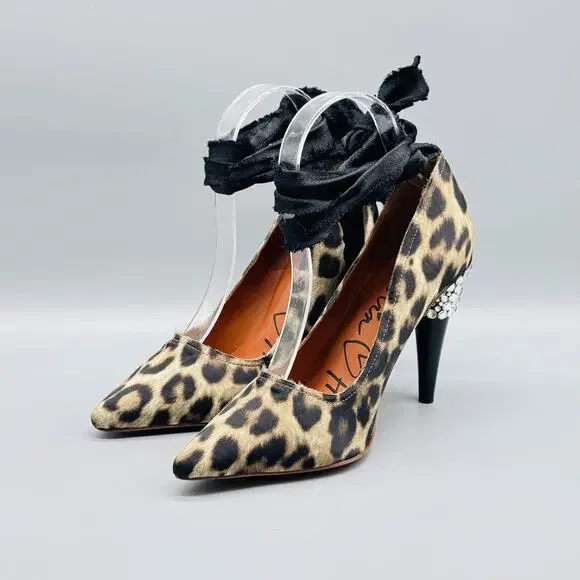 Lanvin x H&M Shoes Womens 6 Brown Pumps Leopard Ankle Wrap Rhinestone Heel - Picture 4 of 10